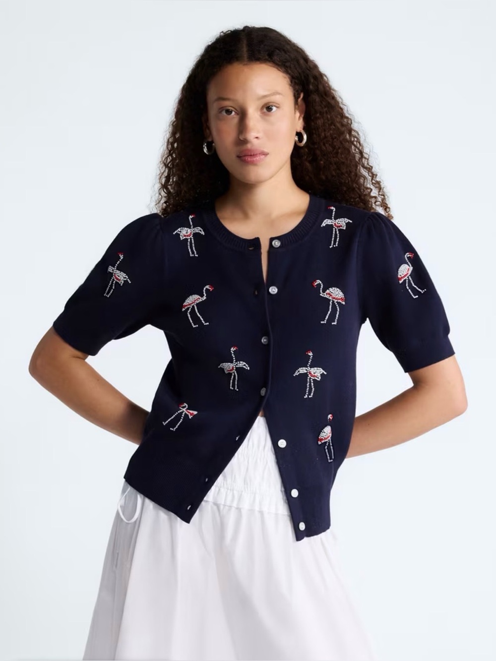 Free Assembly Navy Flamingo Embellished Puff Sleeve Cardigan XS